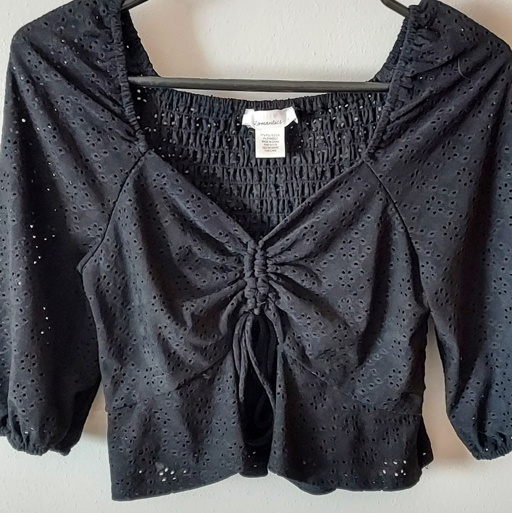 Urban Romantics Eyelet Peasant Crop Top Keyhole Tie Neck - Black - Size Medium